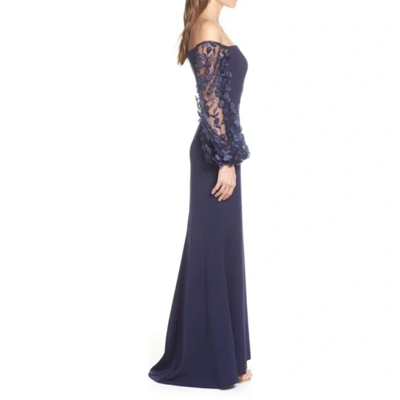 ELIZA J Off The Shoulder 3D Floral Sleeve Navy scuba crepe Blue Gown size 8 - Picture 5 of 13